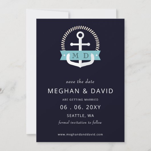 Moderne marinemacht Anchor Nautical Monogram Wedde Save The Date (Voorkant)
