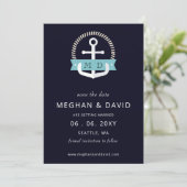 Moderne marinemacht Anchor Nautical Monogram Wedde Save The Date (Staand voorkant)