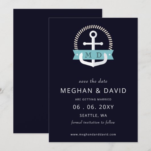 Moderne marinemacht Anchor Nautical Monogram Wedde Save The Date (Voorkant / Achterkant)