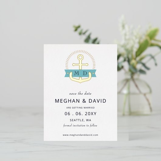 Moderne marinemonogram Anchor Nautical behalve de Folie Uitnodiging Briefkaart (Staand Voorkant)