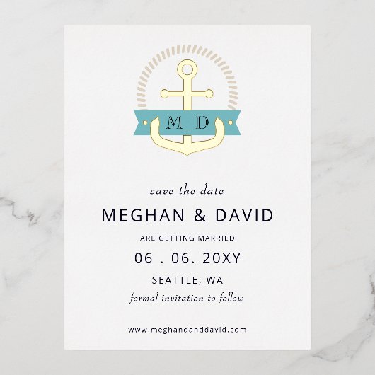 Moderne marinemonogram Anchor Nautical behalve de  Folie Uitnodiging Briefkaart (Voorkant)