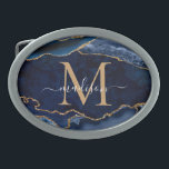 Moderne marinemonogram blauw goud geode Girly Gesp<br><div class="desc">Matig Glam Navy Blue Gold Glitter Sparkle Agate Geode Gemstone Elegant Feminine Monogram Script Name Belt</div>