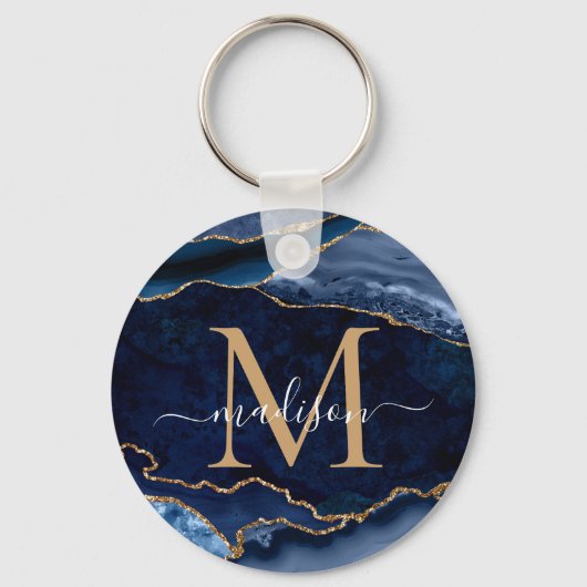 Moderne marinemonogram blauw goud geode Girly Sleutelhanger (Voorkant)