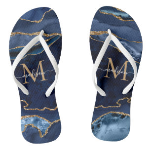 Moderne marinemonogram blauw goud geode Girly Teenslippers