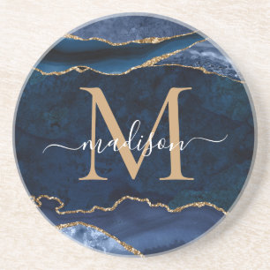 Moderne marinemonogram blauw goud geode glitter zandsteen onderzetter