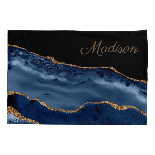 Moderne marinemonogram met blauwe goudmarmer kussensloop (Achterkant)