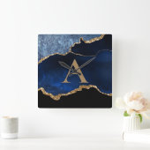 Moderne marinemonogram met blauwe goudmarmer vierkante klok (Huis)