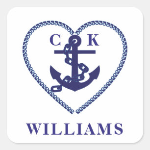 Moderne marinemonogram voor de Nautical Anchor Hea Vierkante Sticker