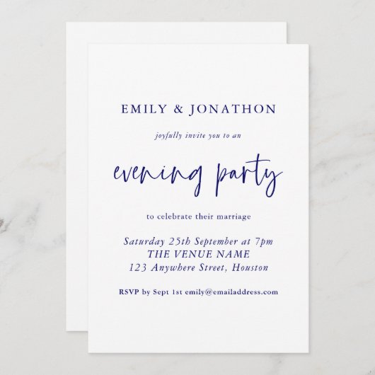 Moderne marinesamenblauw Script Evening Party Wedd Kaart (Voorkant / Achterkant)