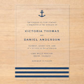 Moderne marinesblauwe anchor nautical Wedding Acryl Uitnodigingen (Voorkant)