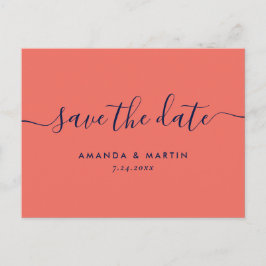 Moderne marinesblauwe en koraalbruiloft bespaart d aankondigingskaart