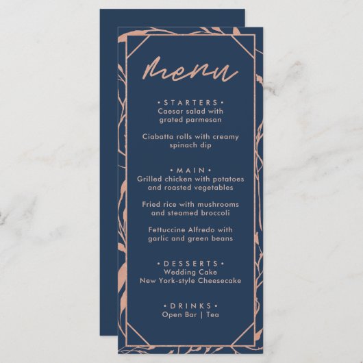 Moderne marinesblauwe en Roos goudbloedige bruilof Menu (Voorkant / Achterkant)