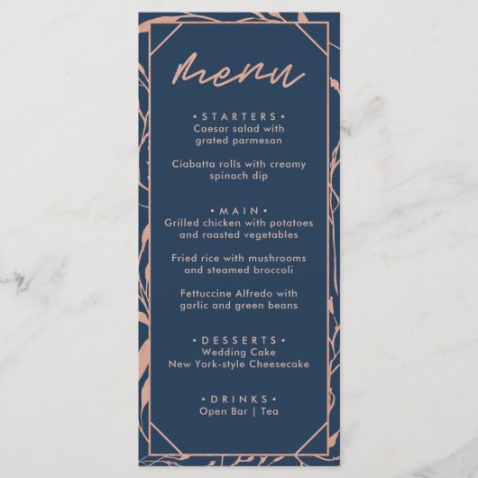 Moderne marinesblauwe en Roos goudbloedige bruilof Menu (Voorkant)