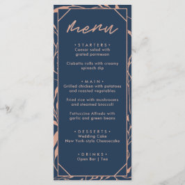 Moderne marinesblauwe en Roos goudbloedige bruilof Menu