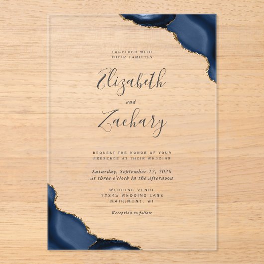 Moderne marinesblauwe goudkernen bruiloft acryl uitnodigingen (Voorkant)
