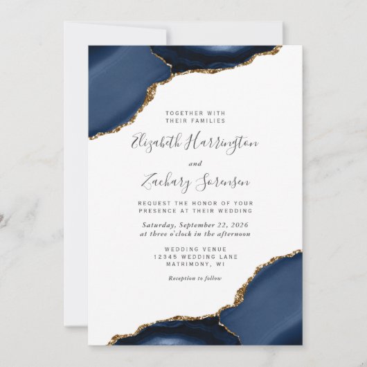 Moderne marinesblauwe goudkernen bruiloft kaart (Voorkant)