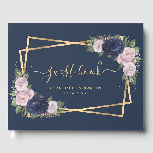 Moderne marinesblauwe goudweddenschap gastenboek (Voorkant)
