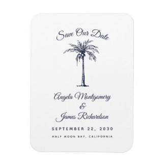 Moderne marinesblauwe palmstrand bruiloft sparen d magneet