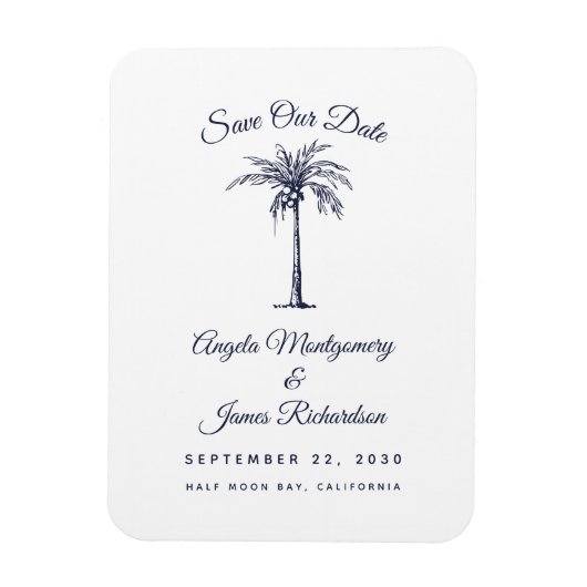 Moderne marinesblauwe palmstrand bruiloft sparen d magneet (Verticaal)