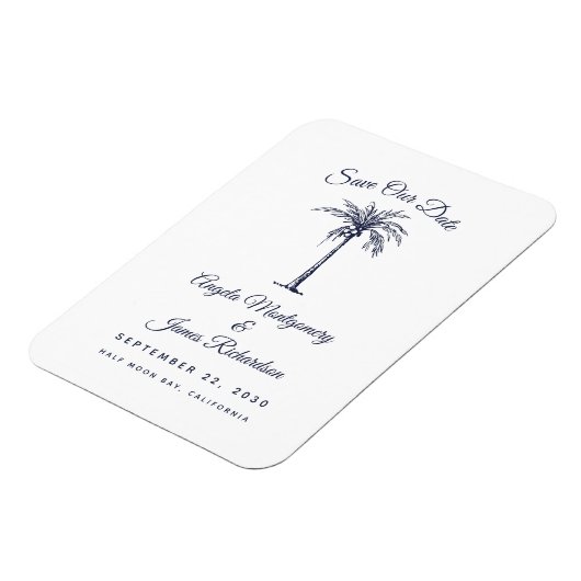Moderne marinesblauwe palmstrand bruiloft sparen d magneet (Linkerzijde)