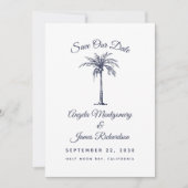 Moderne marinesblauwe palmstrand bruiloft sparen d save the date (Voorkant)