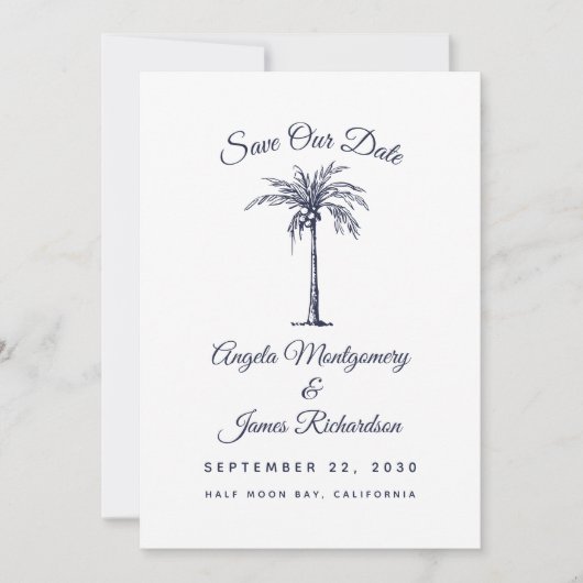 Moderne marinesblauwe palmstrand bruiloft sparen d save the date (Voorkant)