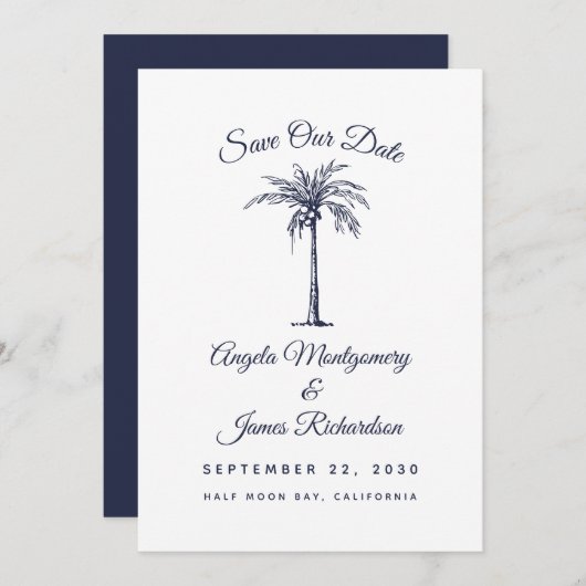 Moderne marinesblauwe palmstrand bruiloft sparen d save the date (Voorkant / Achterkant)