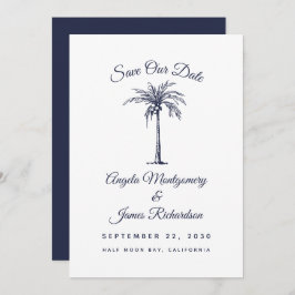 Moderne marinesblauwe palmstrand bruiloft sparen d save the date