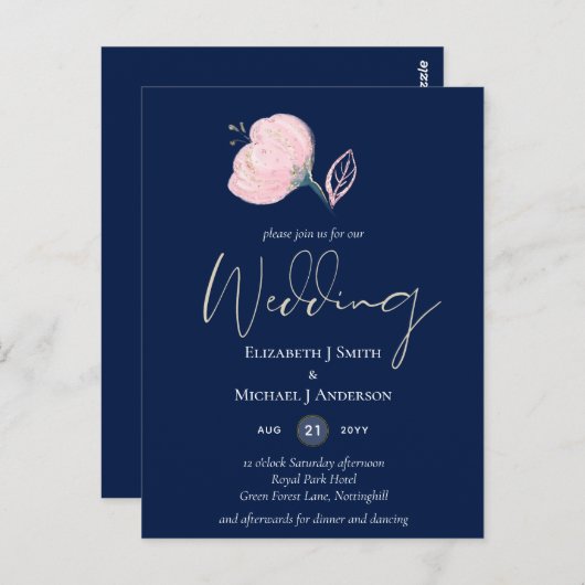 Moderne marinesblauwe roze roze goudweddenschappen briefkaart (Voorkant / Achterkant)