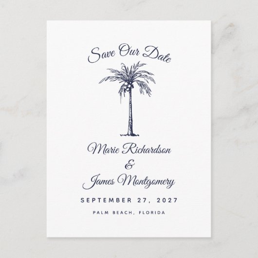 Moderne marinesblauwe strand bruiloft sparen datum aankondigingskaart (Voorkant)