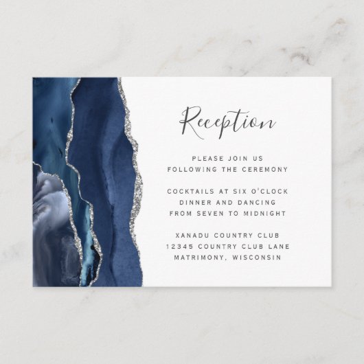 Moderne marineschool Blue Silver Agate Wedding Rec Informatiekaartje (Voorkant)