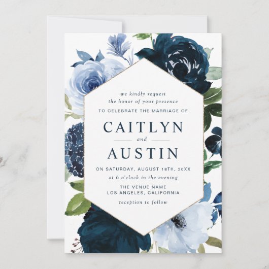 moderne marineschool en lichtblauwe bloemen bruilo kaart (Voorkant)