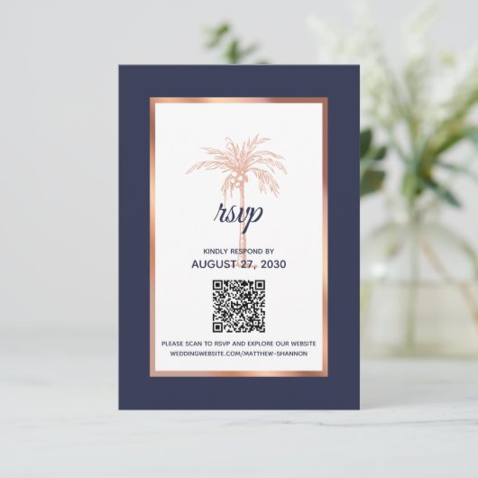 Moderne marineslag goudpalm Roos RSVP Kaartje (Staand voorkant)