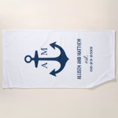 Moderne marinesonneblauw anchor bruiloft monogram strandlaken (Voorkant)