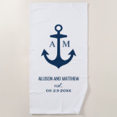 Moderne marinesonneblauw anchor bruiloft monogram strandlaken (Voorkant)
