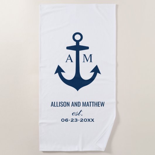 Moderne marinesonneblauw anchor bruiloft monogram strandlaken (Voorkant)