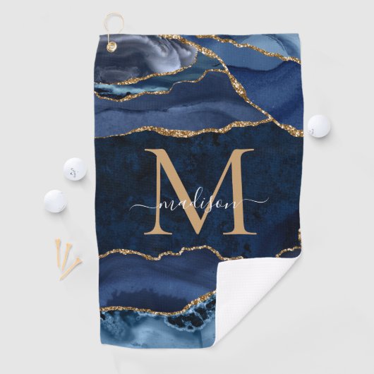 Moderne marinesonroge goudglitter geode monogram golfhanddoek (Insitu)