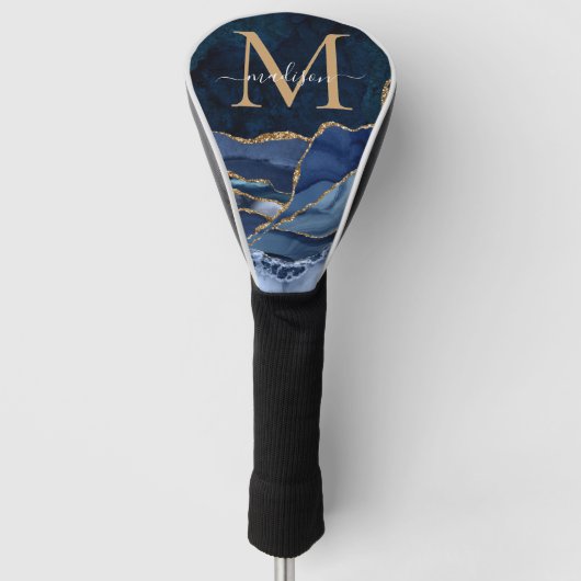 Moderne marinesonroge goudglitter geode monogram golfheadcover (Voorkant)