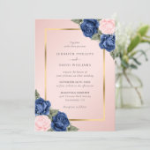 Moderne marinesultaat Blue Blush Pink Gold Floral  Kaart (Staand voorkant)