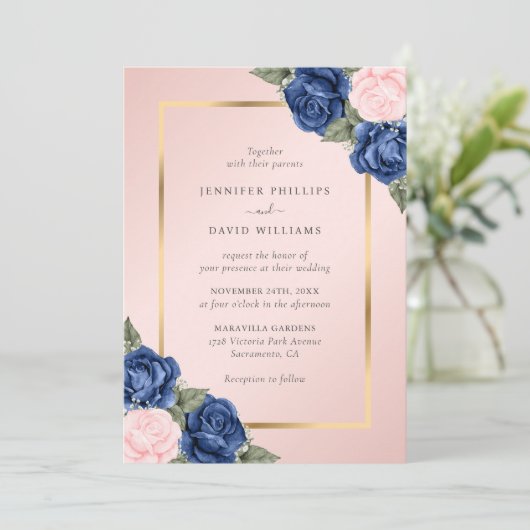 Moderne marinesultaat Blue Blush Pink Gold Floral  Kaart (Staand voorkant)