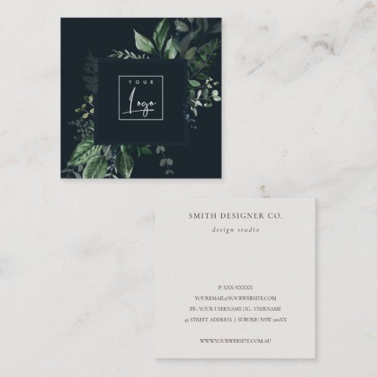 Moderne marinevaarde groene leafy tropische olievl vierkante visitekaartje (Voorkant / Achterkant)
