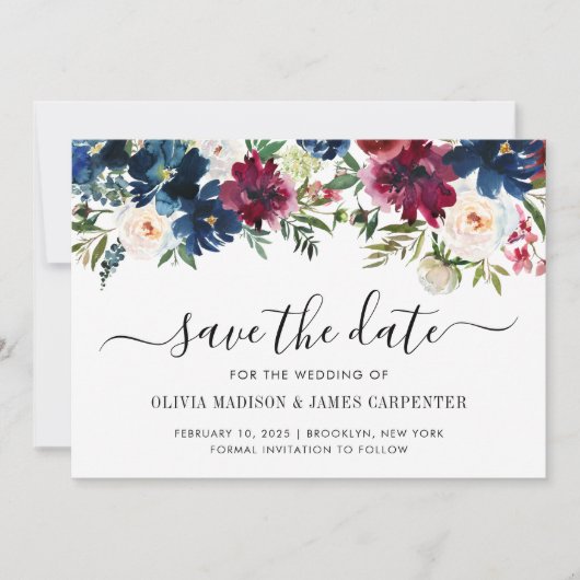 Moderne marineverbinding met Blue Burgundy Red Peo Save The Date (Voorkant)