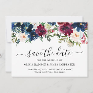 Moderne marineverbinding met Blue Burgundy Red Peo Save The Date