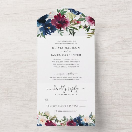 Moderne marineverbindingen met blauw Bourgogne All In One Uitnodiging (Binnen)