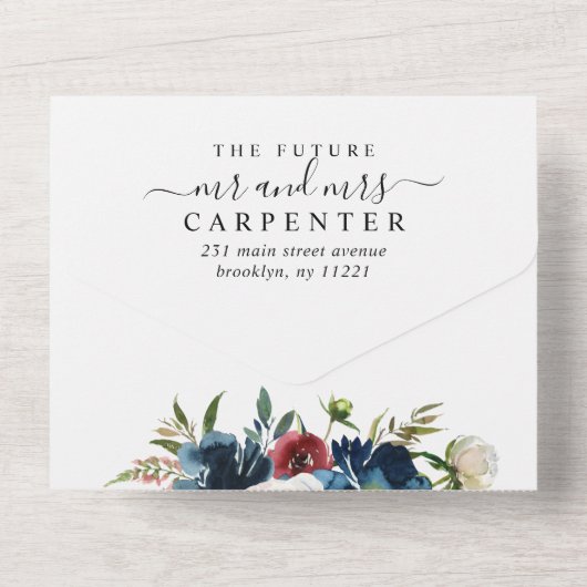 Moderne marineverbindingen met blauw Bourgogne All In One Uitnodiging (Achterkant)