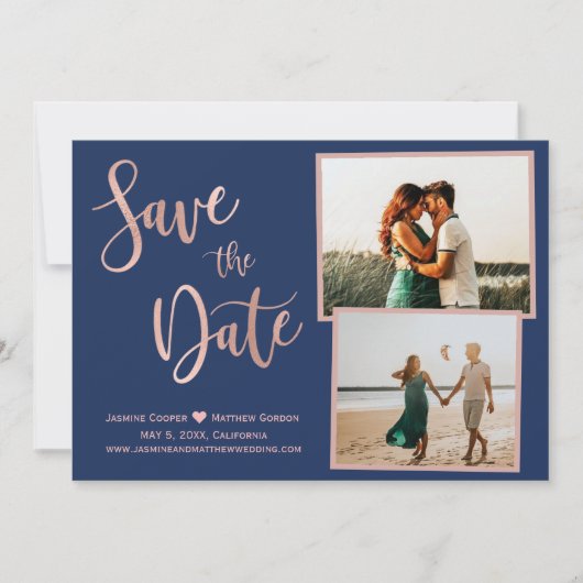 Moderne marineversie Roos Gold Elegant Typografie  Save The Date (Voorkant)