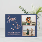 Moderne marineversie Roos Gold Elegant Typografie  Save The Date (Staand voorkant)