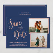 Moderne marineversie Roos Gold Elegant Typografie  Save The Date (Voorkant / Achterkant)
