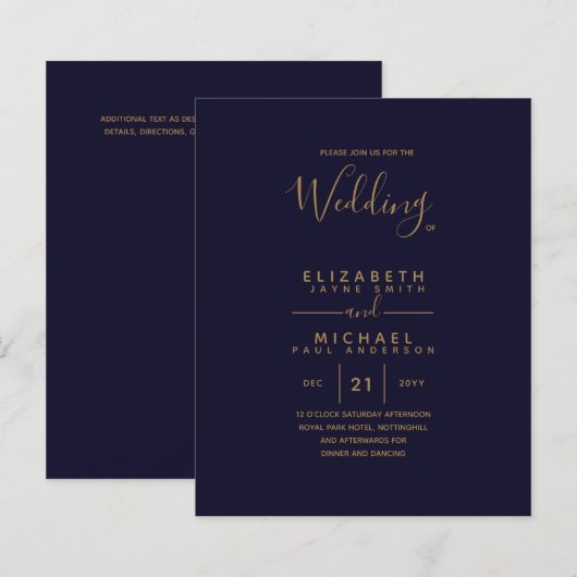 Moderne marinevlek Blue Gold Budget Wedding Invite (Voorkant / Achterkant)
