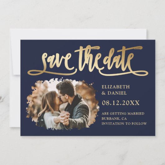 Moderne marinevliegende gouden bruiloft foto slaat save the date (Voorkant)